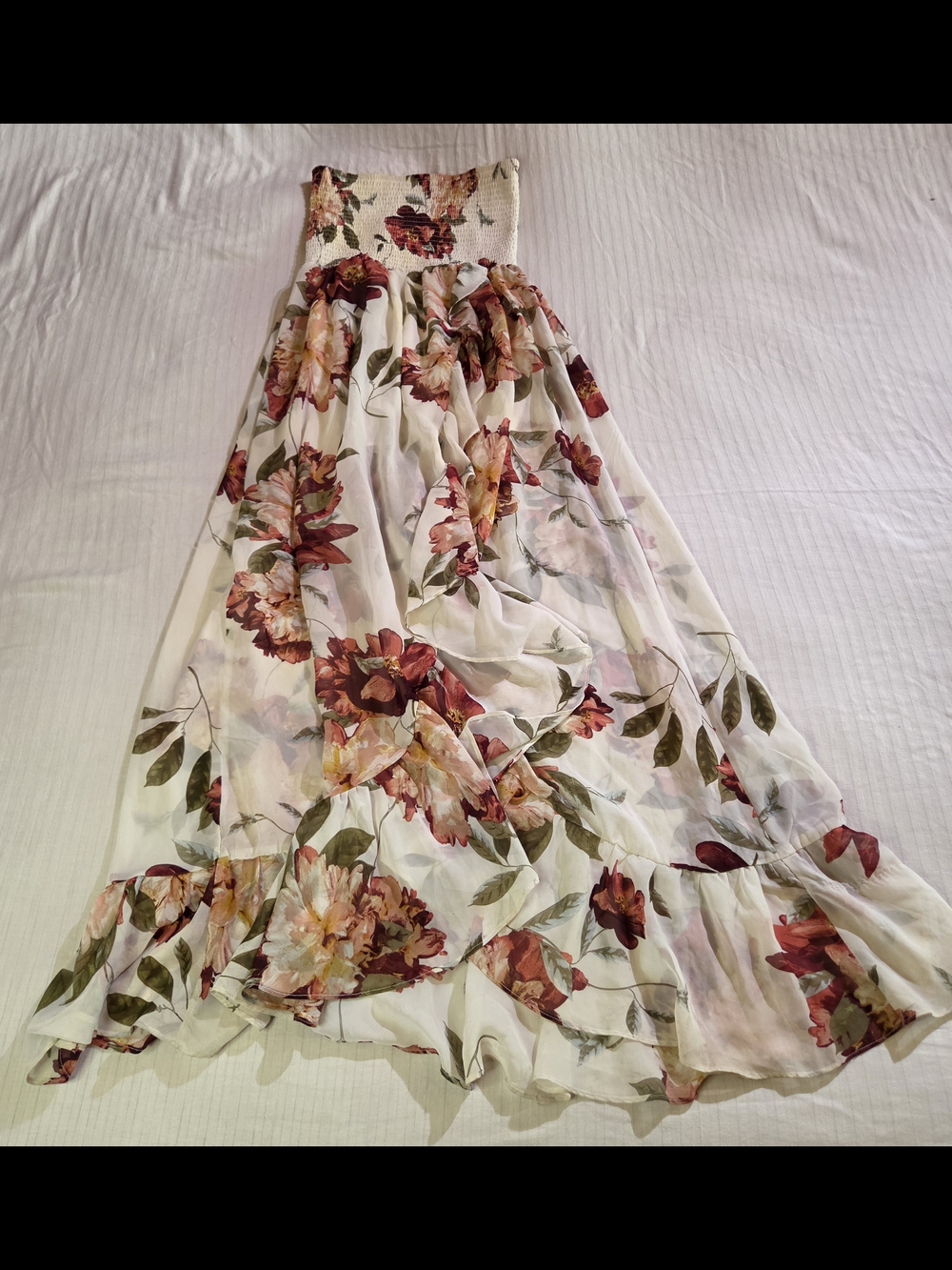 Venus Floral Smocked Strapless High Low Maxi Dress White Burgundy Small